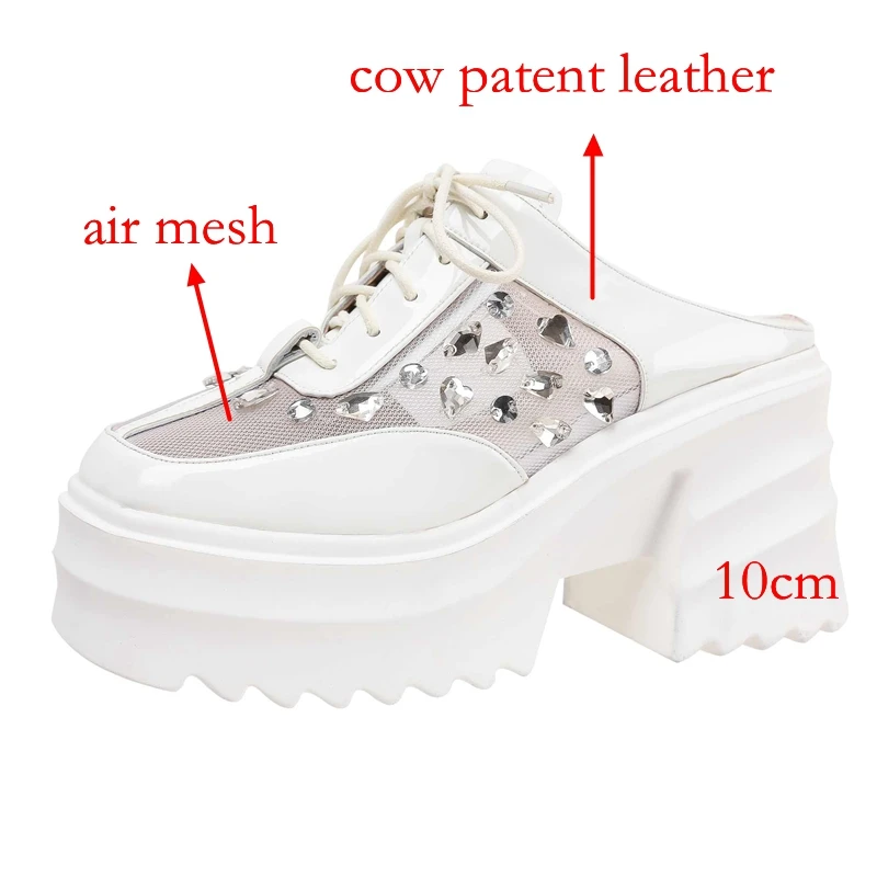 Krazing Pot Air Mesh Leisure Fashion Mules Thick Bottom Platform Rhinestone Cross-tied Slingback Comfort Women Outside Slippers