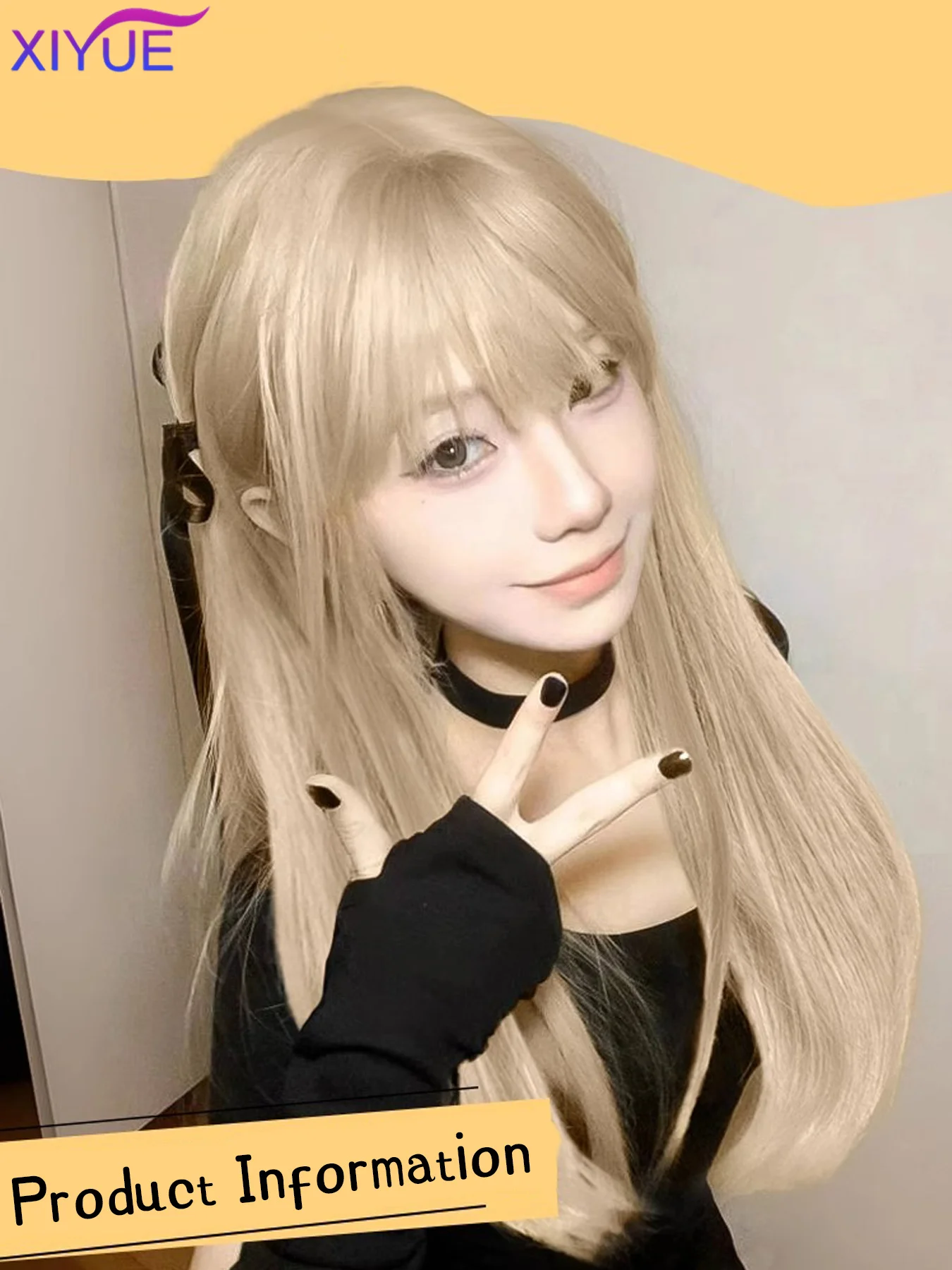 XIYUE Blonde Golden Long Straight Synthetic Wigs with Bangs Beige Lolita Hairs Wig for Women Daily Party Heat Resistant Fiber