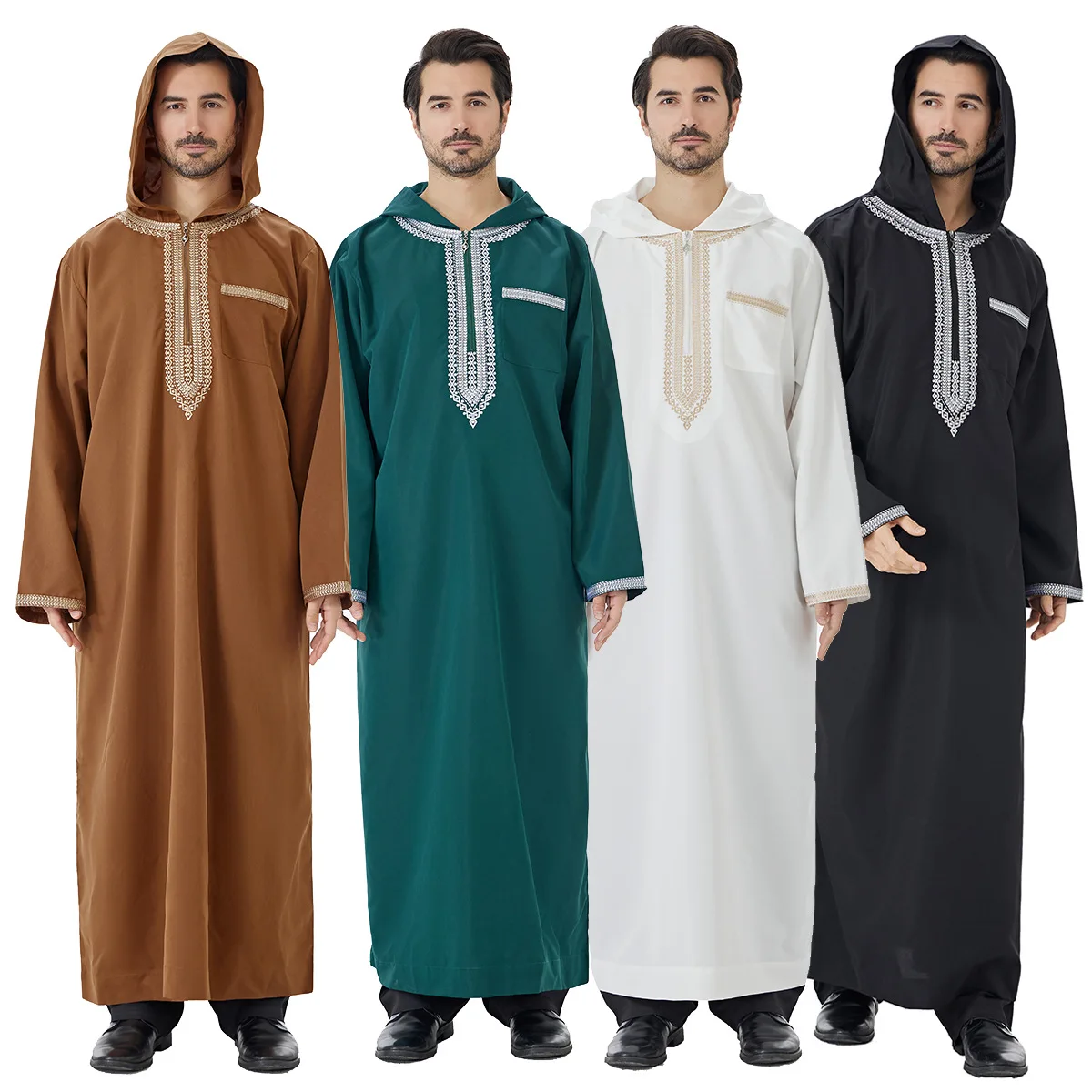 Hooded Moroccan Robe Men's Embroidered Muslim Garment Abaya Middle East Jubba Thobe Robe Eid Djellaba Dishdasha Islam Clothing