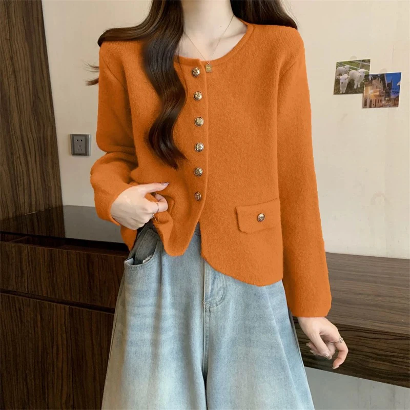 Korean Solid Long Sleeved Sweater For Women 2024 Single Breasted Round Neck Knitted Cardigan Autumn Winter Loose Female Tops