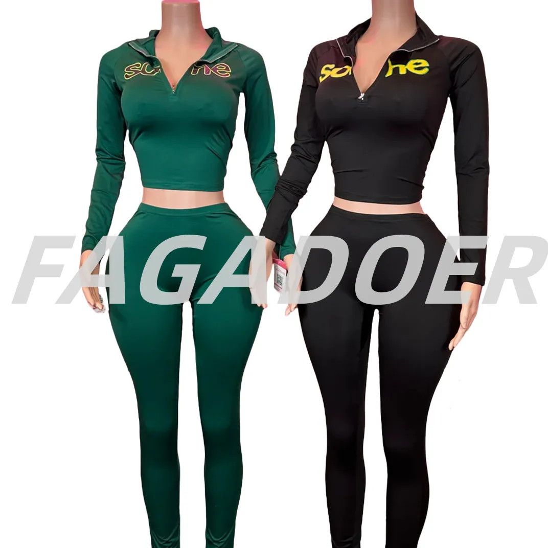 FAGADOER Y2K Streetwear Fashion Letter Print 2 Pieces Set for Woman Zipper Long Sleeves Top and Pants Female Clothing Summer New