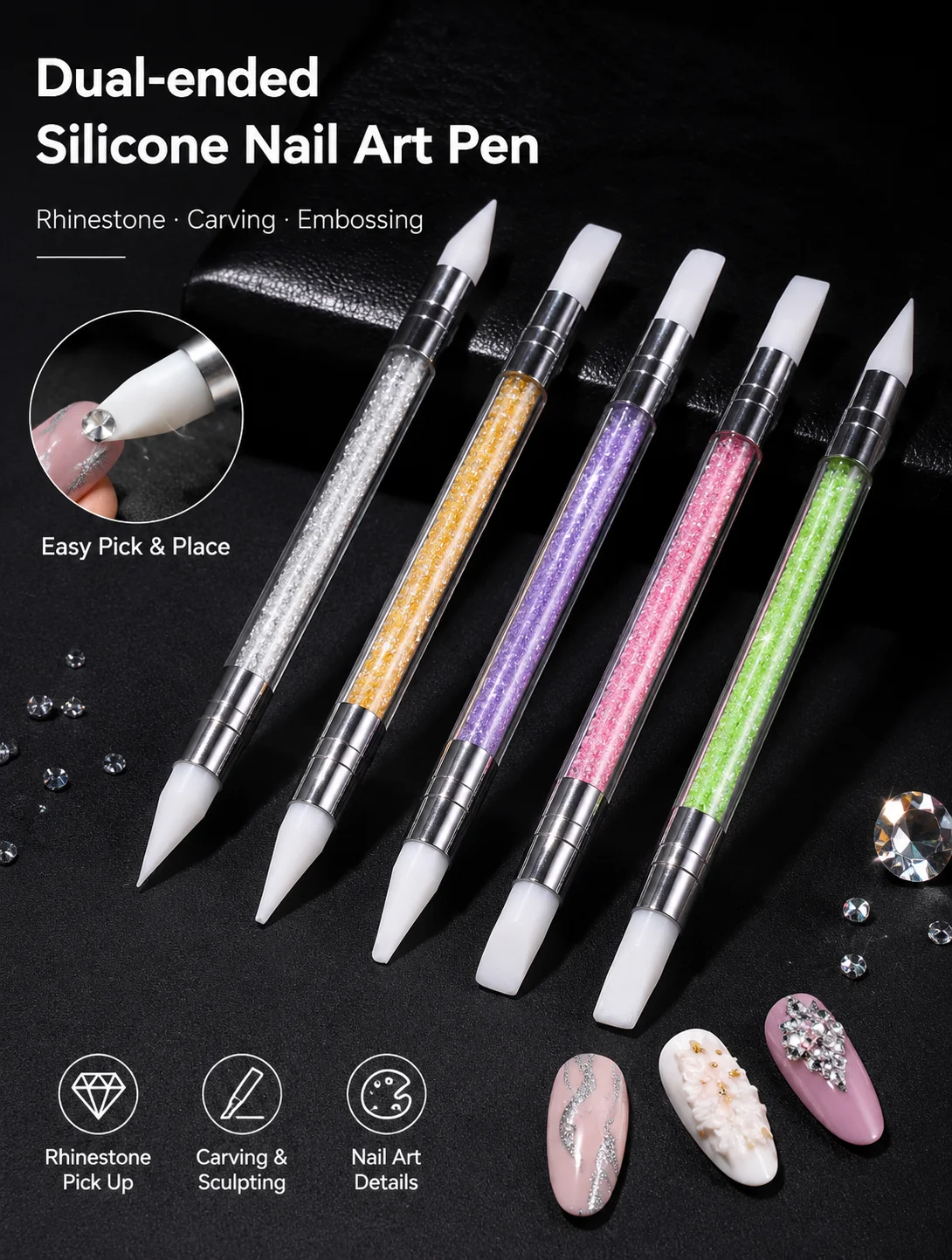 5 Pcs Double Head Silicone Dotting Pen Nail Art Carving Embossing Stamping Manicure Tool Set for Creative Design