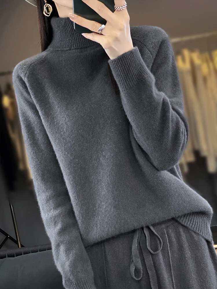 

High grade soft and sticky wool half high necked sweater for women's spring and autumn pure wool lining with a bottom knitted t