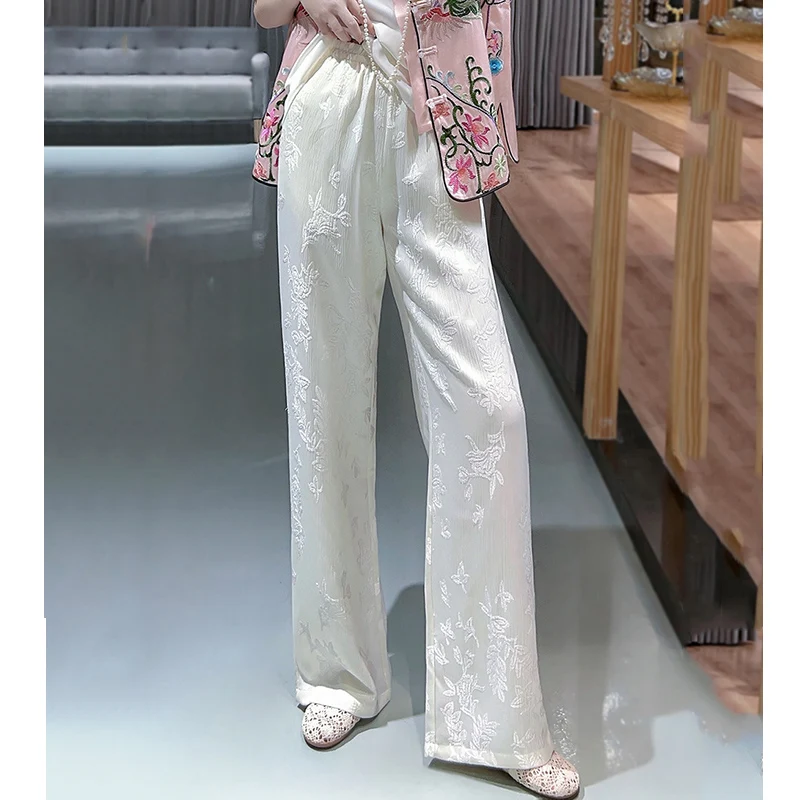 High Quality Spring And Summer 2023 New Chinese Style Retro Embroidery Elastic Waist Woman Wide Leg Pants S-XXL