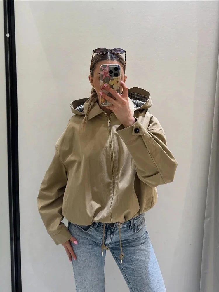 Women Vintage Drawstring Hem Hooded Lapel Jacket Coat Spring Autumn Female Lining Loose Zip Coat Lady Street Casual Outerwear