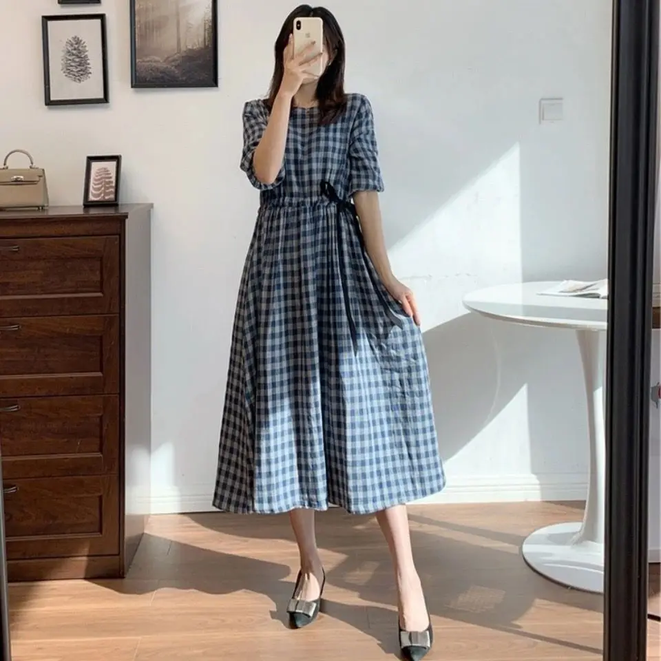 2022 Summer Pure Cotton Korean Loose Blue Plaid Waist Closing Medium Length Dress Women\'s Fashion Versatile