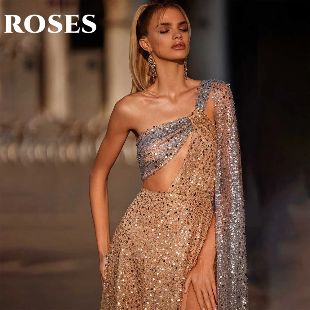 ROSES Glitter Champagne Evening Dress One Shoulder A-Line Glitter Party Dress Sequins High Split فساتين الحفلات Prom Dresses