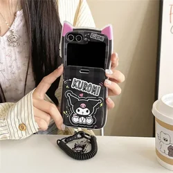 3D Cute Cartoon Sanrio Y2K Kuromi Wallet Card Pocket Phone Case For Samsung Galaxy Z Flip 6 5 5G 4 3 Soft TPU Cover With Lanyard