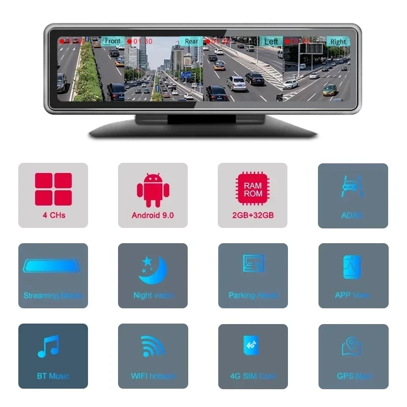 NEW Android Car Black Box 4G 4 Cameras Dash Cam GPS Navigation HD 720P Video Recorder Dashboard DVR WiFi App Remote Monitoring
