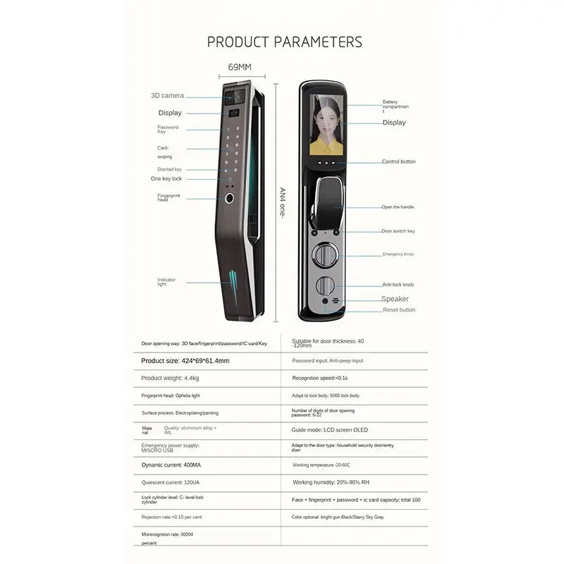가정용 스마트 문짝 잠금 장치, 투야 스마트 3D 얼굴 인식, 지문 디지털 안전 문짝 잠금 장치