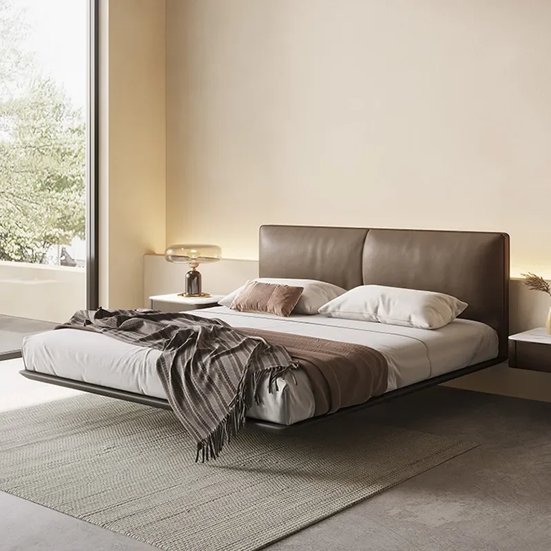 for Italian Minimalist Suspended Bed Small Apartment Flush Edge Master Bedroom Double Light Luxury Wedding Solid Wood 1.8m
