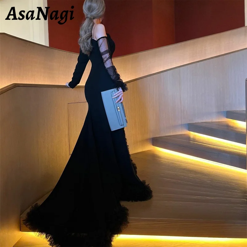 

AsaNagi Sexy Mermaid Prom Dress Women's Black Long Sleeve Pleated Tulle Party Prom Gowns Floor Length Slit Special Occasion Gown