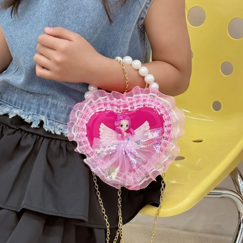 Cute Princess Love Heart Shoulder Bags PVC Lace Baby Girls Crossbody Bag Bow Pearl Handle Children's Handbags Clutch Purse