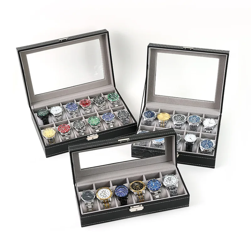 6/10/12Slots Gray Watch Boxes Watch Case with Large Glass Lid, Removable Watch Pillows, Watch Box Organizer, Gift for Loved Ones