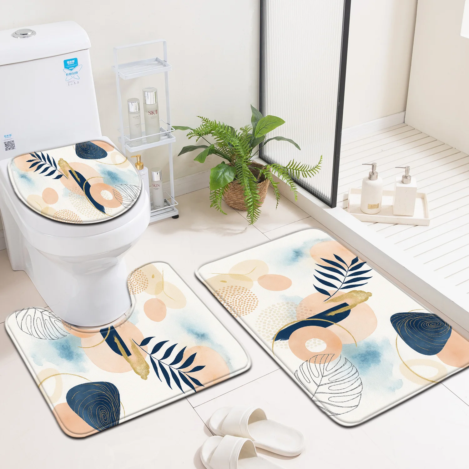 

Набор из 3 предметов для ванной комнаты: коврик для пола, декоративный придверный коврик, коврик для унитаза, набор аксессуаров для туалета, дизайн «Листья»