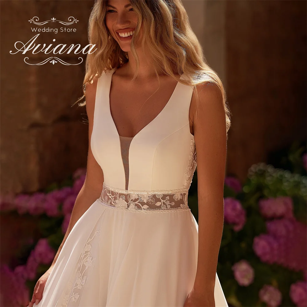 Aviana مخصص ألف خط العميق الخامس الرقبة بلا أكمام الدانتيل فستان الزفاف عارية الذراعين طول الأرض سويب تراين أنيقة التطريز أحدث #3