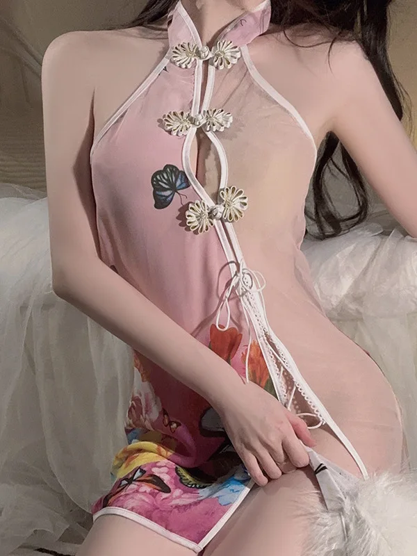 Sexy Printed Open Back Mesh Perspective Cheongsam Style Women's Uniform Drawstring Color Block Wrap Buttocks Dress Elegant C206