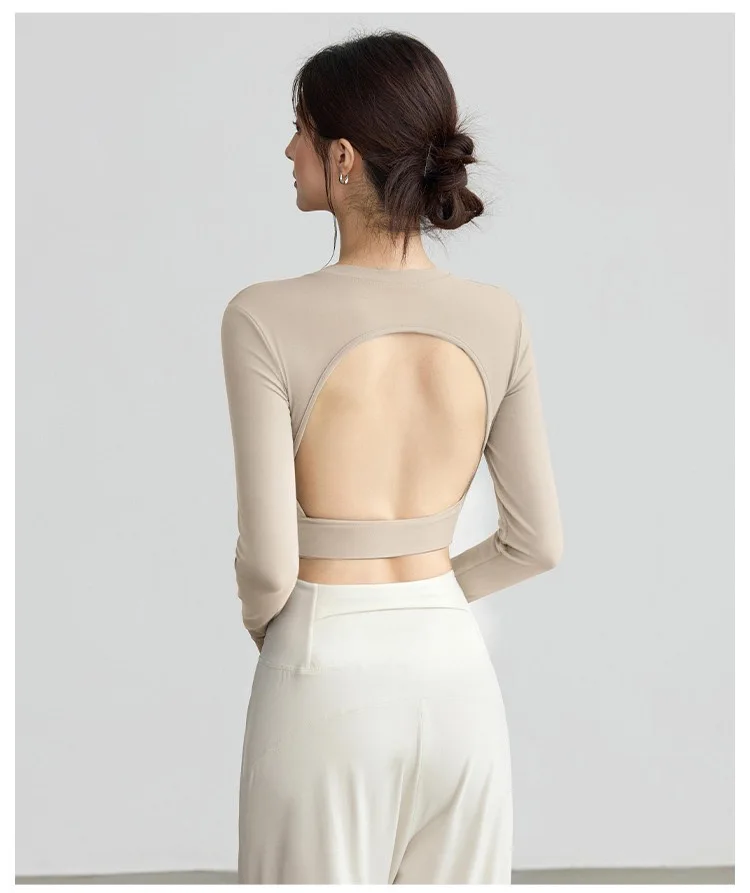 Sexy Rückenfreie Langarm-Yoga-Kleidung für Frauen mit Brustpolstern, Eng Anliegend, Schöner Rücken, Pilates-Training, Fitness-Sport-Oberteile – Detail 5