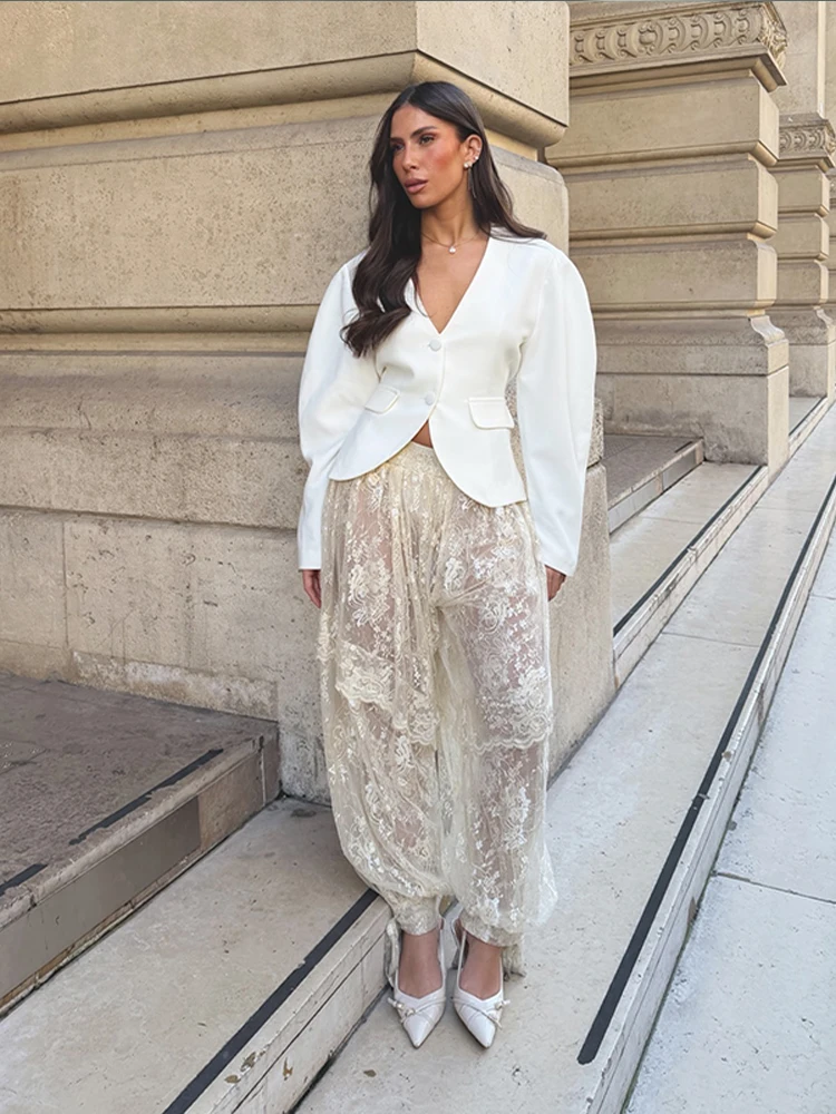 Pantalones con Cordón y Ribete de Encaje, Estampado Floral Transparente, Corte Holgado, Verano 2026, Pantalones de Mujer para Vacaciones, Atuendo Romántico y Moderno para Citas