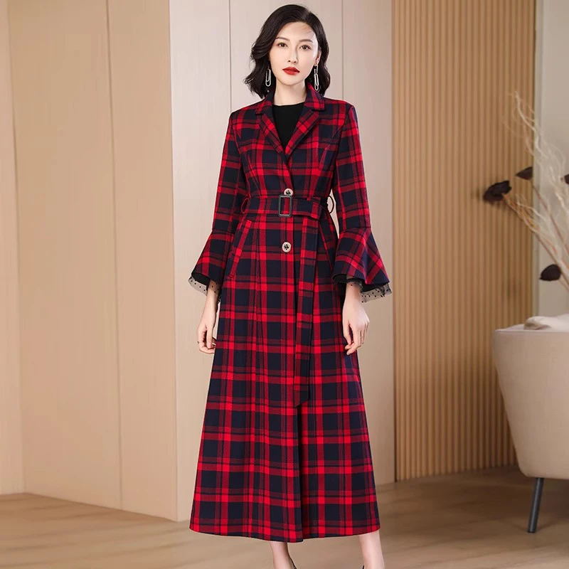 New Women Lace Ruffles Sleeve Plaid Trench Coat Spring Autumn Fashion Suit Collar Single Breasted Elegant Chic Slim Overcoat