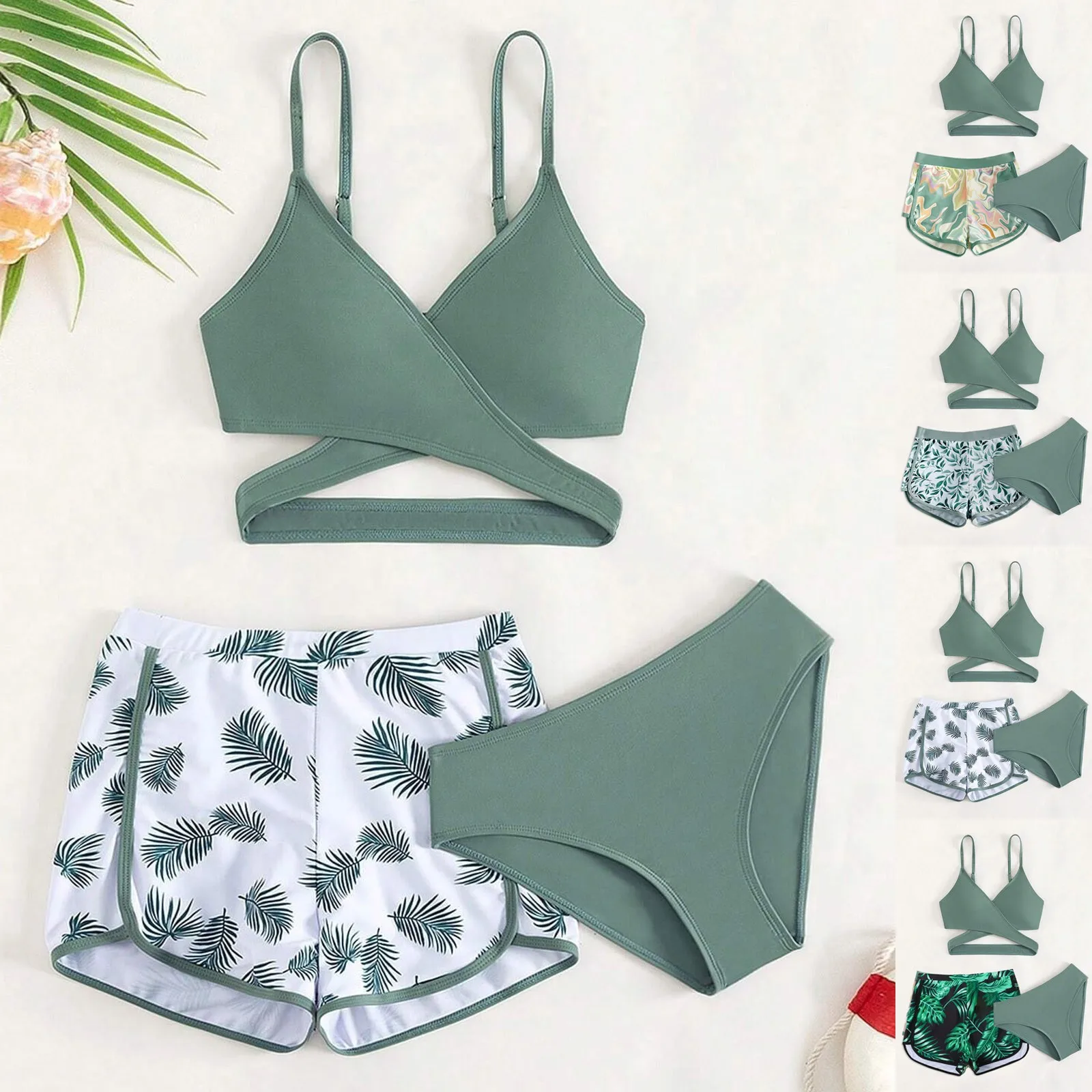 

3 Piece Swimsuit Bikini Set Swimsuits Print Bikini Rullfe Bathing Suit Girls Board Shorts Green Clothes For Summer Vacation