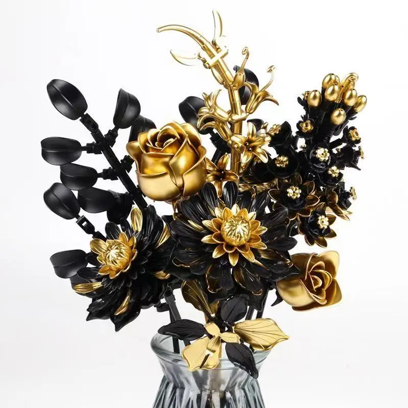 

Creative Golden Rose Bouquet Building Blocks Home Desk Plant Decoration Assemble Bricks Toys Gift For Girls Adult
