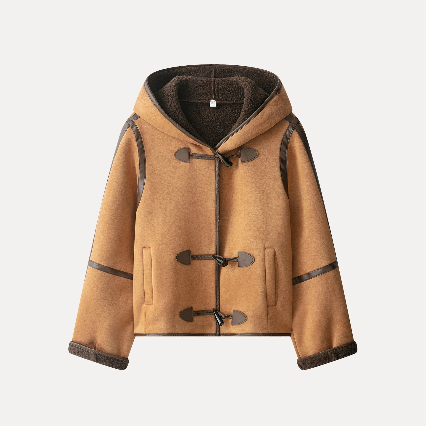 Faionable Women's Leather And Fur Coat with Hood And Horn Buttons Autumn New Arrival Stand Fit Long Sve European Sle