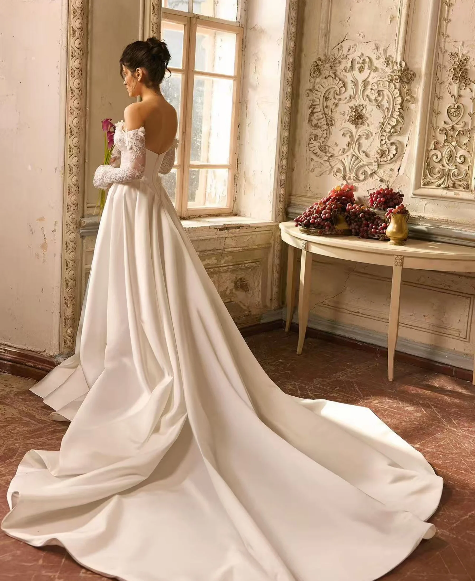 Customized Romantic Scoop Neck Long Sleeve Beading Pearls Ball Gown WeddingDress Gorgeous Satin Court Train Vintage Bridal Gown