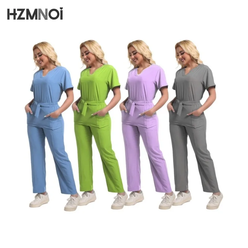 Beauty Salon Workwear Medical Clinical Pockets Scrubs Tops Straight Pants Spa Doctor Nursing Surgical Uniforms Woman Scrubs Sets