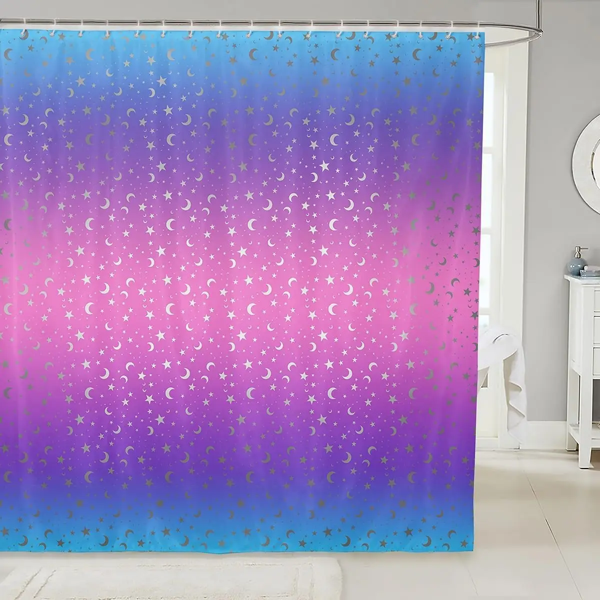 

Moon and Stars Shower Curtain Purple Blue Gradient Galaxy Design Cosmic Theme Bedroom Bathroom Decor Dreamy Space Art Bath Linen