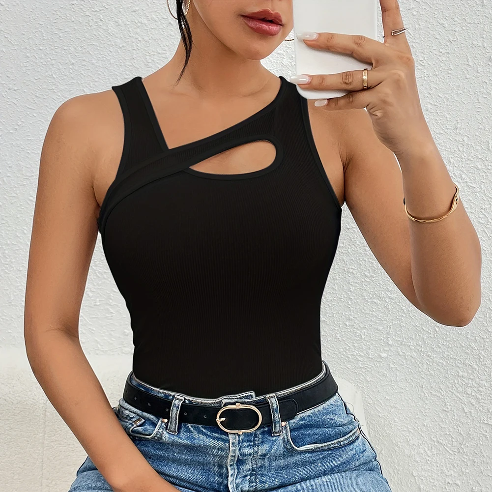 

Strap Vest Women Tank Top Party Outfit Camisole Style Asymmetrical Collar Strap Design Hollow Detail Casual Summer Tank Tops