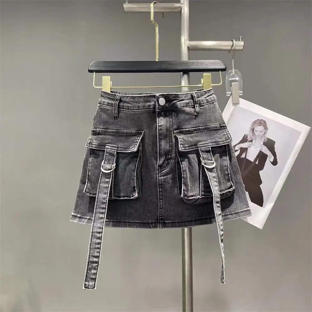 

2024 summer new American style Harajuku hot girl denim skirt with straps to prevent exposure and slimming y2k workwear skirt