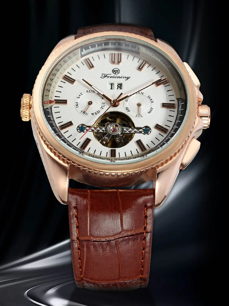 

FORSINING оригинальные роскошные мужские часы с хронографом, механические наручные часы с автоматическим механизмом и датой, спортивные кожаные турбийоны