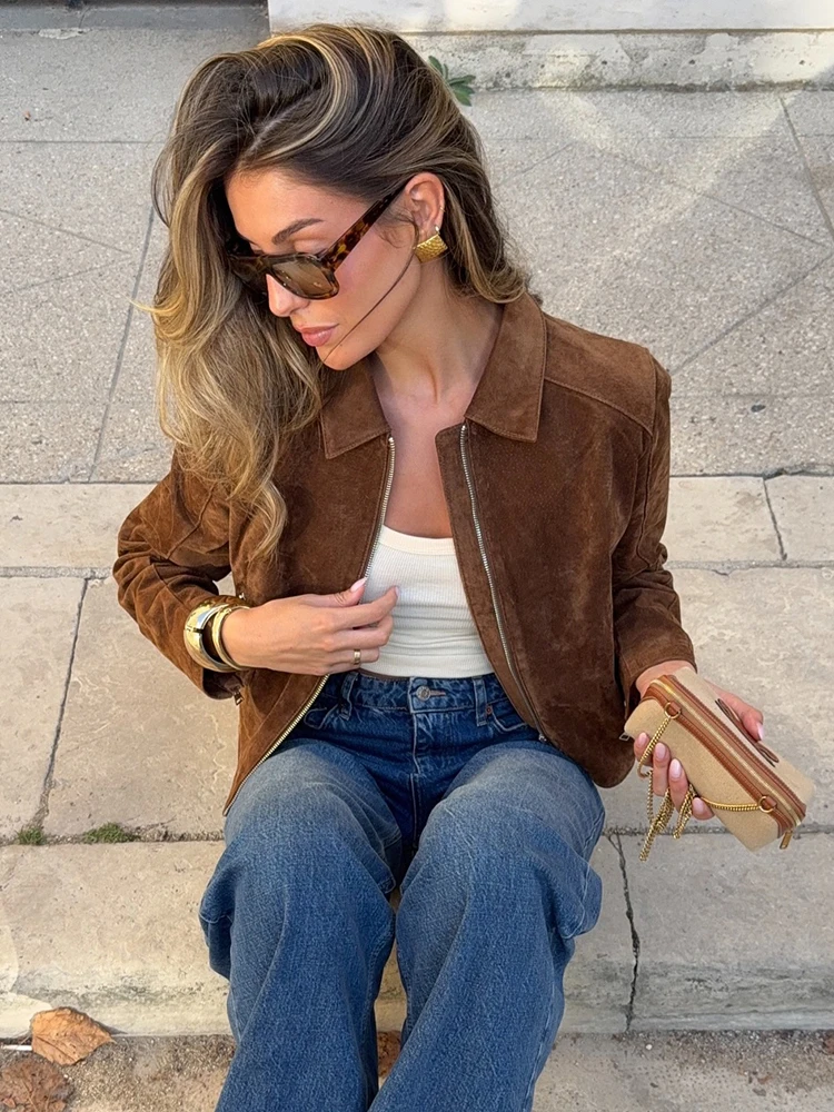 HH Women's Autumn New Fashion Popular Lapel Short Pure Leather Jacket Female Temperature Versatile Zipper Pocket Slim Coat