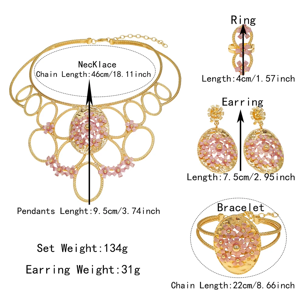 Yulaili Gold Plated Brazilian Jewelry Set for Women Light Weight Pink Necklace Earring Bangle Ring Party Accessories X0004630