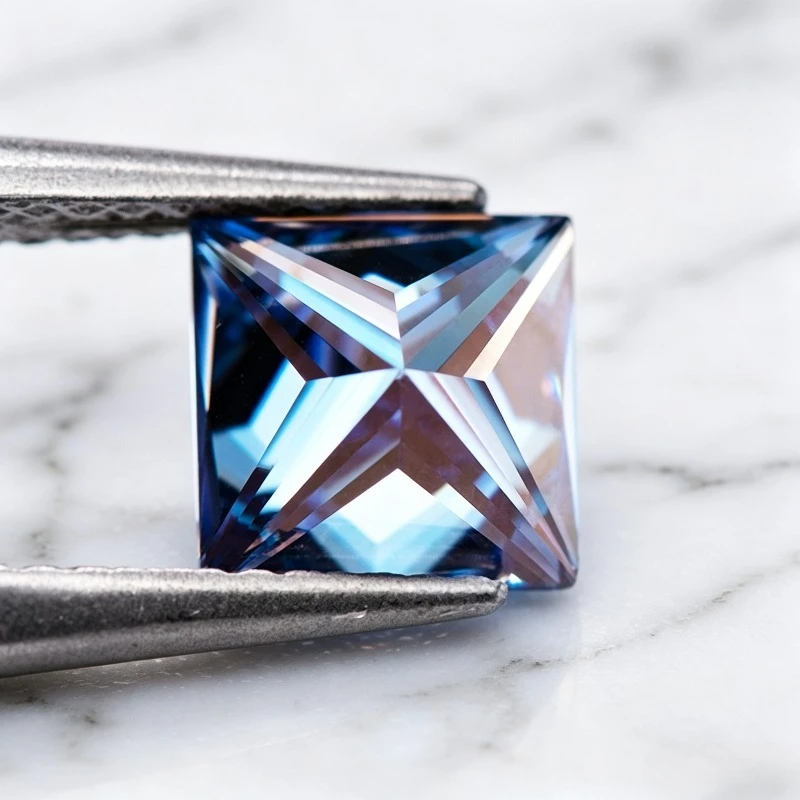Moissanit-Stein im Princess-Schliff, saphirblau, im Labor gezüchteter Edelstein für DIY-Schmuckherstellung, besteht den Diamanttest mit Zertifikat. – Detail 6