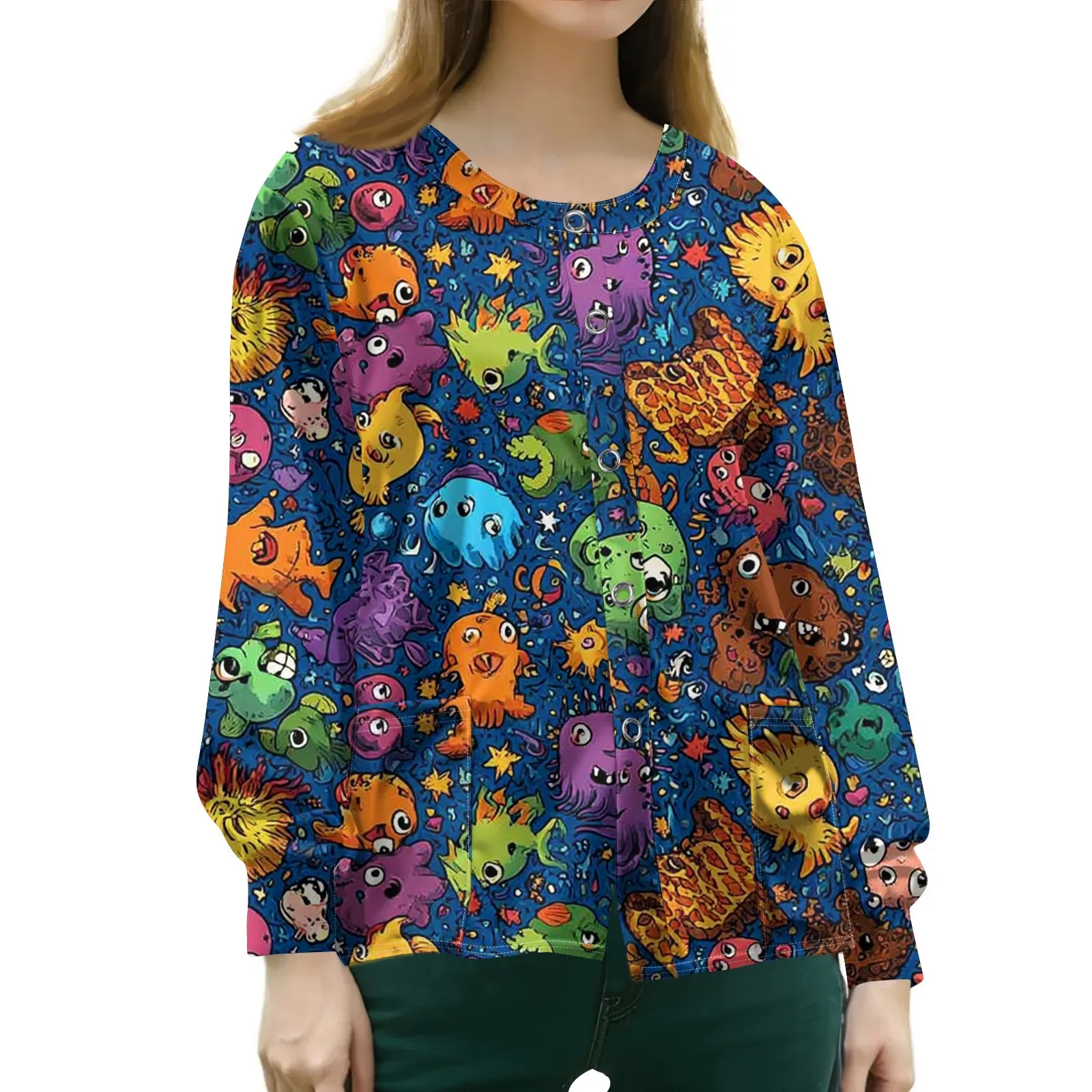 Jesienny damski kombinezon pielęgniarski z długim rękawem, koszulka, codzienny okrągły dekolt, zapinany na guziki, nadruk zwierzęcy, ochronny kardigan.