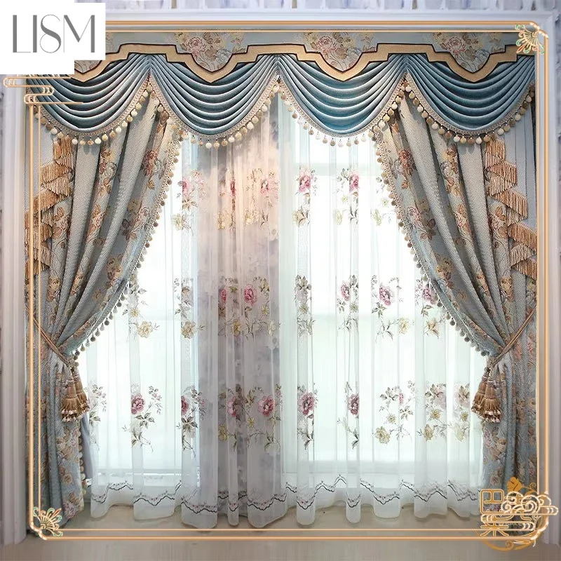 Customized European Luxury Curtains For Living Dining Room Bedroom Blackout Villa American Decorate Embroider Tulle Valance