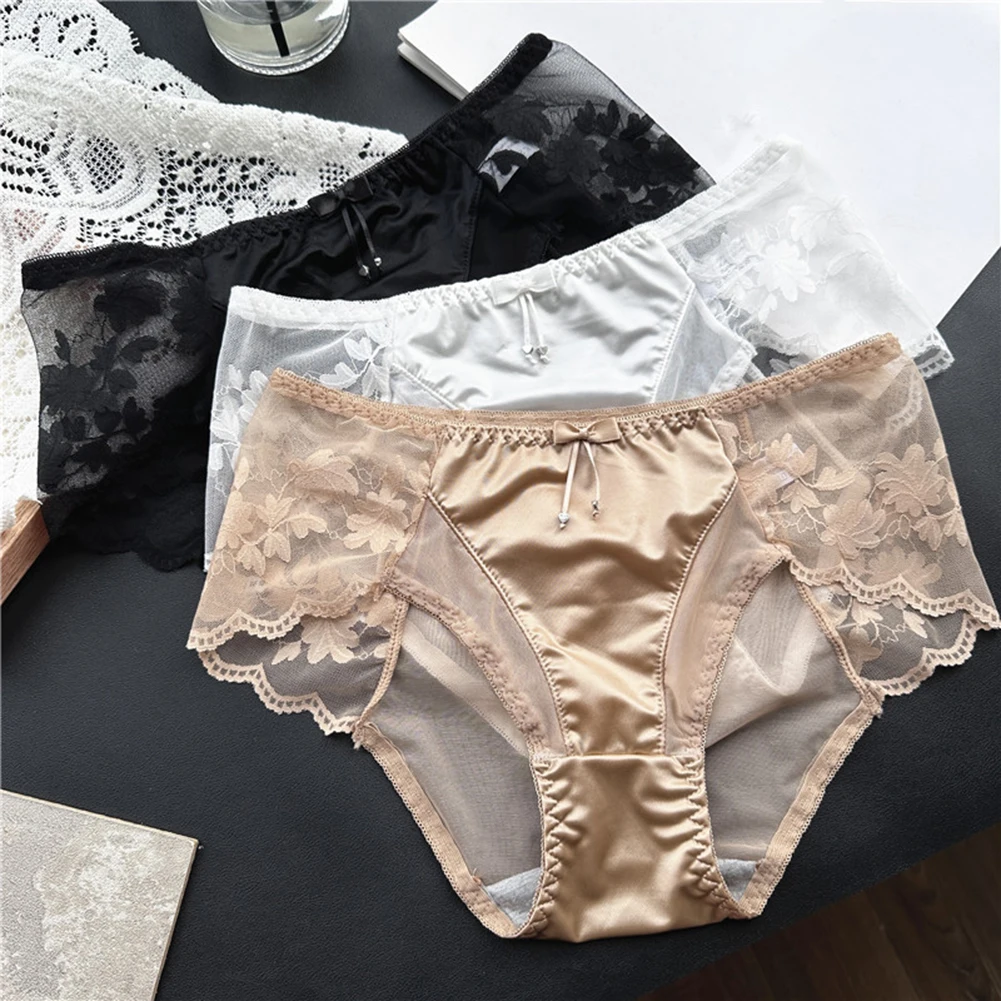 1pc Women's Sheer Lace Sexy Low Waist Panties Satin Seamless Bikini Briefs Underwear Ladies Girl Knickers Underpants