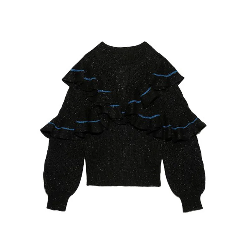 

Sweet Twist Patchwork Women Sweater New Panelled Cascading Ruffle Knitted Pullovers Autumn Winter O-neck Loose Coat