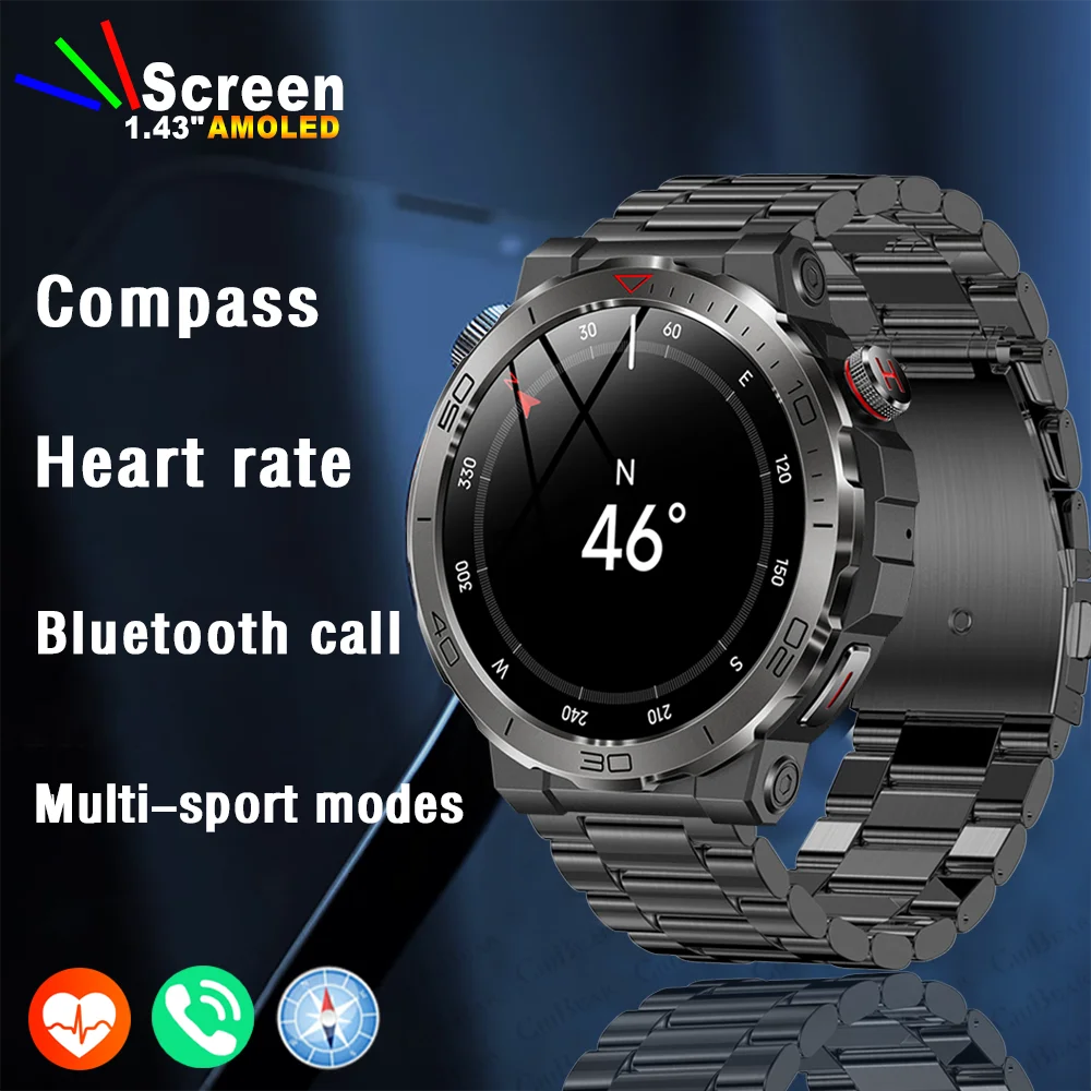 Military GPS Smart Watch Men 466*466 AMOLED HD Screen Outdoor Compass Heart Rate Oxygen Monitoring Bluetooth Call Smartwatch