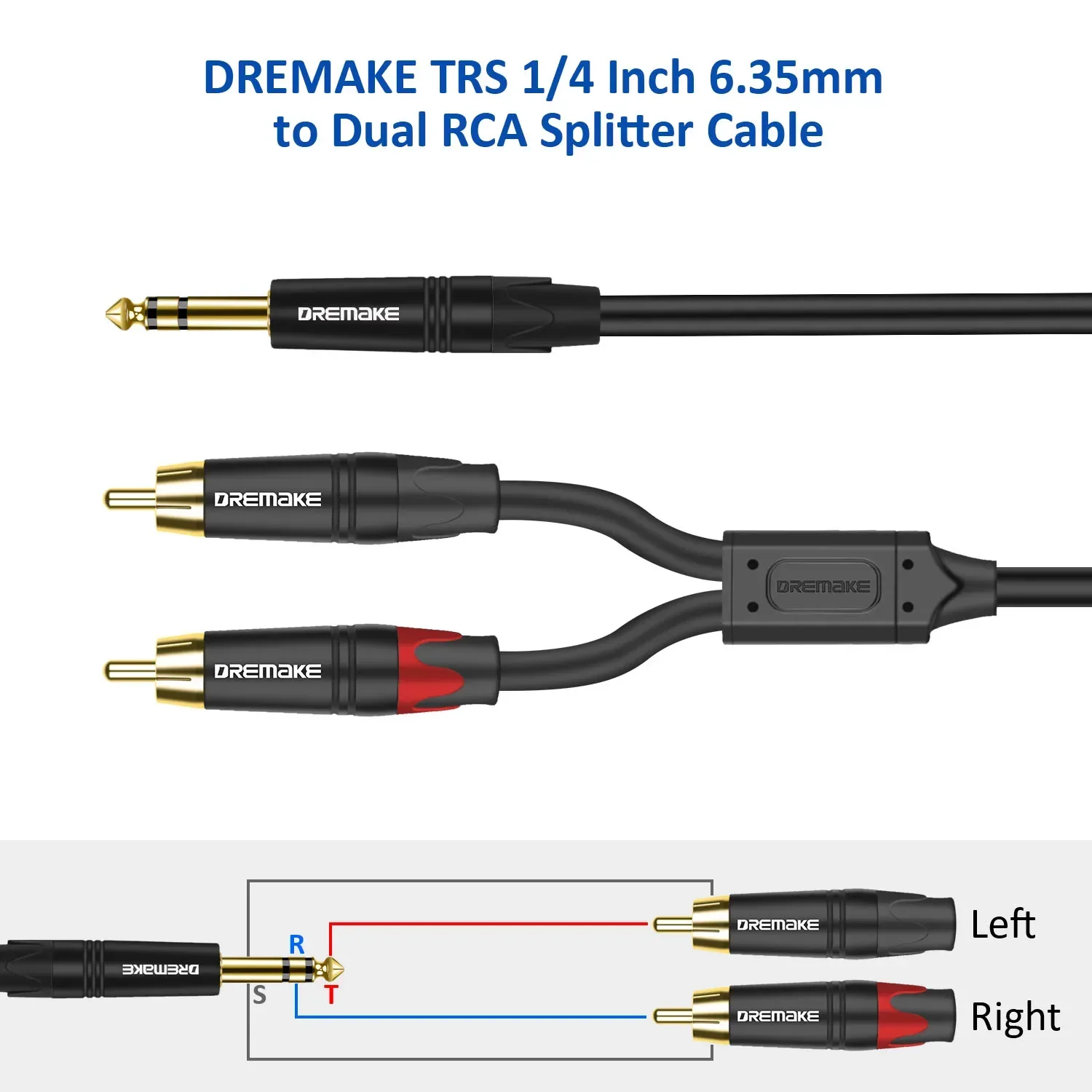 DREMAKE HiFi Audio Cable Stereo 6.35mm to 2 RCA Cable Y-Splitter TRS 6.35 to Double RCA Signal Adapter Line for Amplifier Mixer