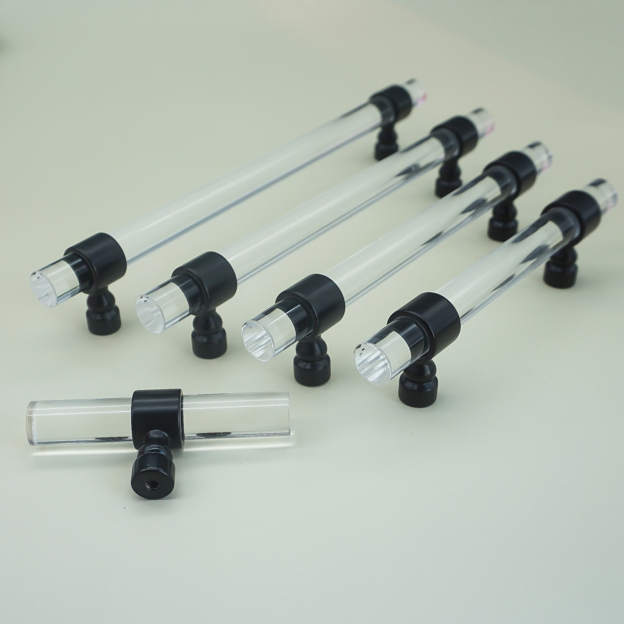 Transparent Acrylic with Black Cabinet Handles Modern Wardrobe Pulls T Bar Cupboard Door Knobs Zinc Alloy Furniture Hardware