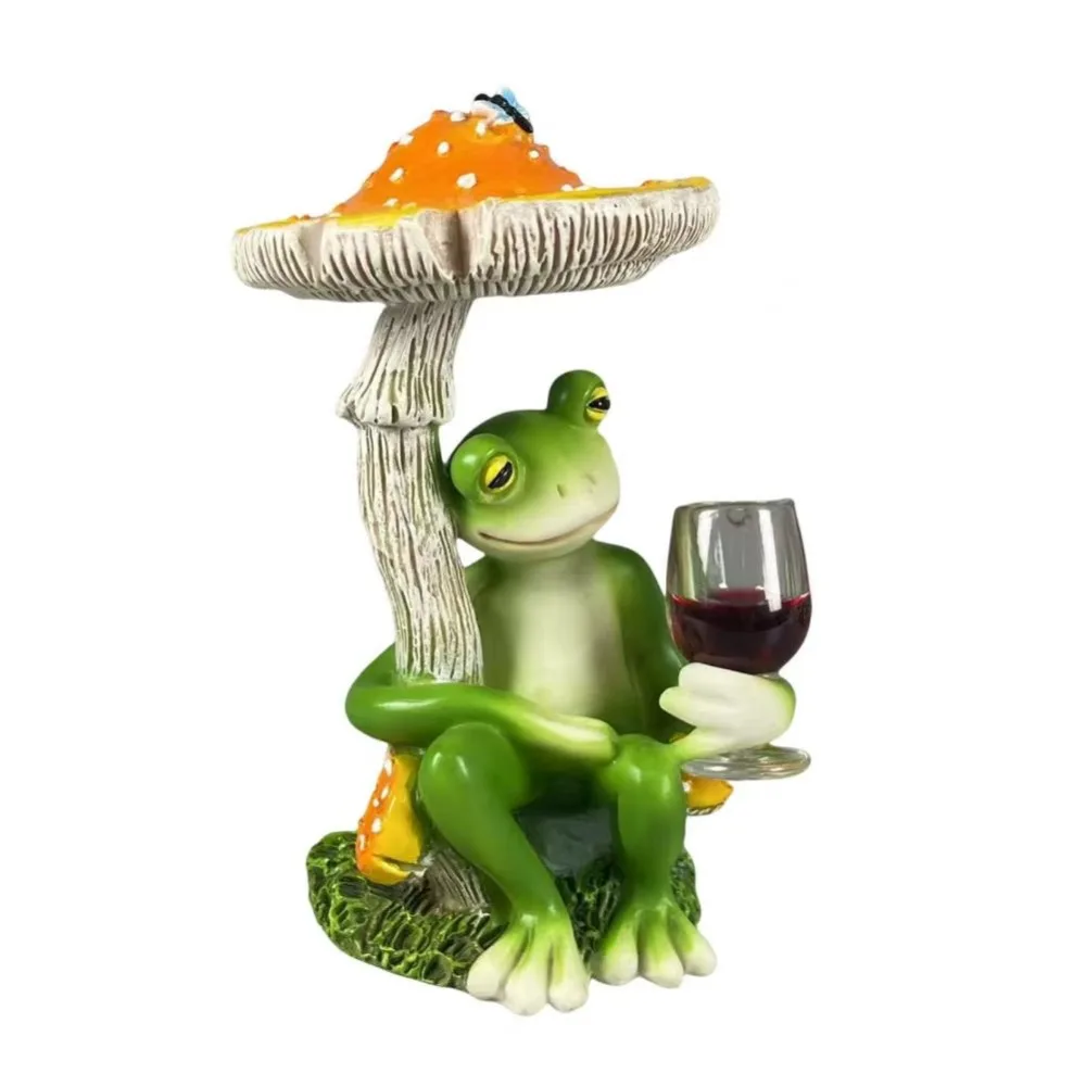 Holding Wine Cup Frog Garden Statue Cartoon Red/Yellow Mushroom Sitting Frog Ornament Waterproof Fade-resistant
