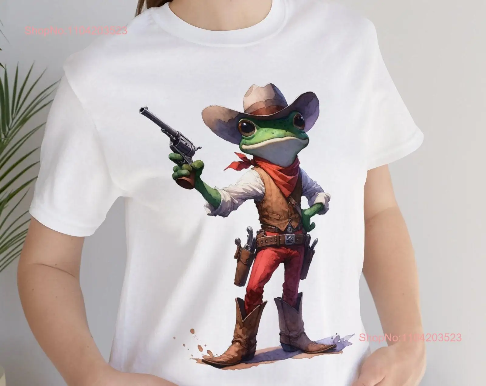 Unique Watercolor Cowboy Frog T Shirt Western Revolver Gun Print DTG Artistic Amphibian Top Design  long or short sleeves