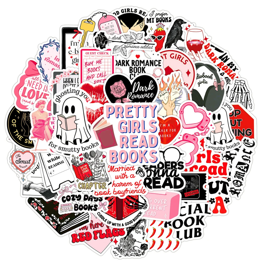 

10/30/50pcs Cartoon Dark Romance Reader Stickers Skull Reading Book Sticker DIY Water Bottle Phone Notebook Pink Graffiti Decals