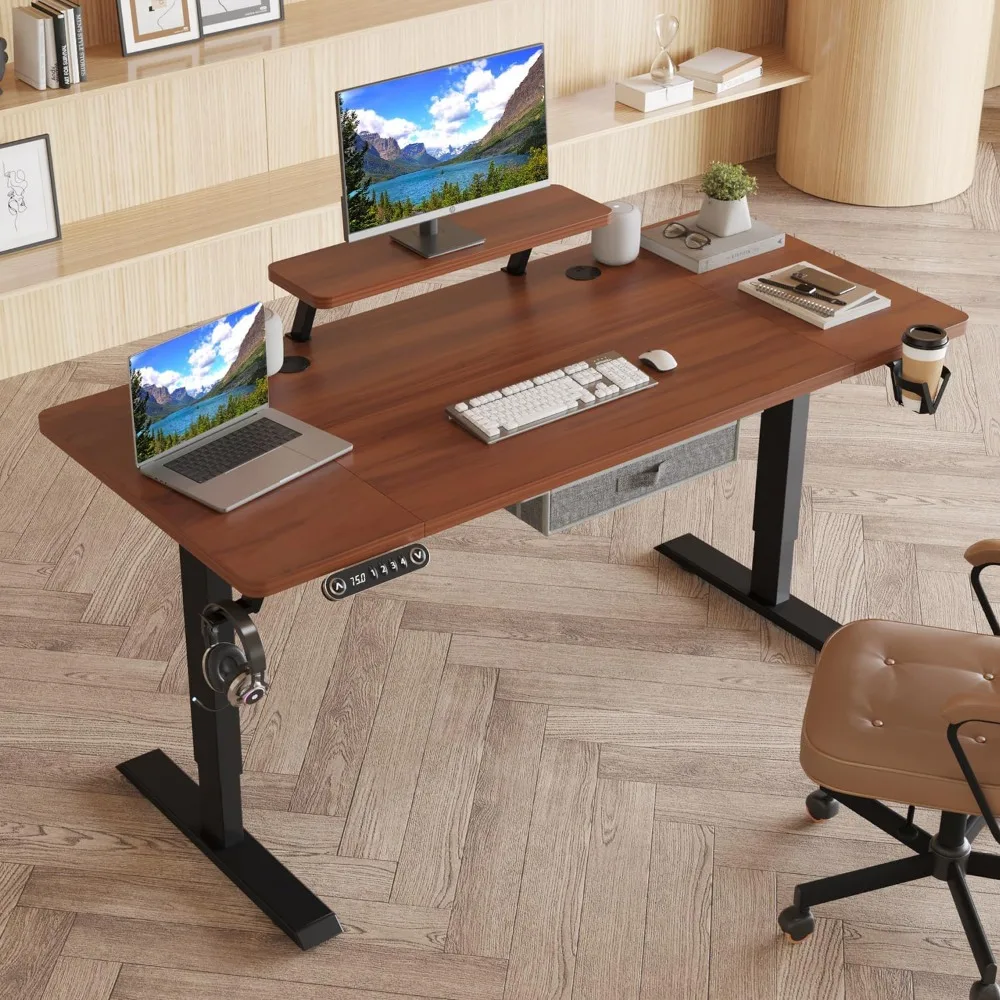 63x30 , Adjustable Height Sit Stand Up Desk with Storage Shelf, Home Office Desk with Dark Walnut Top/Black Frame