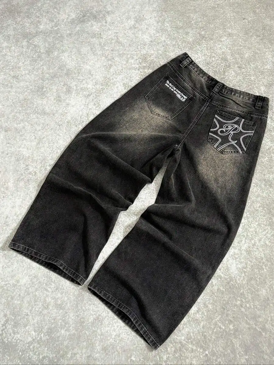 

Y2K Retro Streetwear Mens Dark Washed Loose Distressed Wide Leg Baggy Jeans