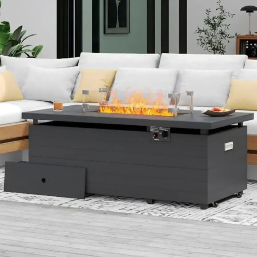 Outdoor fire pit table for patio use, stainless steel in black, 51-inch rectangle propane model with 50, 000 BTU output, slidin
