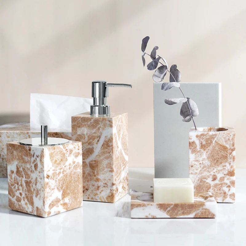 Coral Pink Natural Marble Set for Bathroom Soap Dispenser Soap Dish Toothbrush Holder Tissue Box Tray Bathroom Accessories